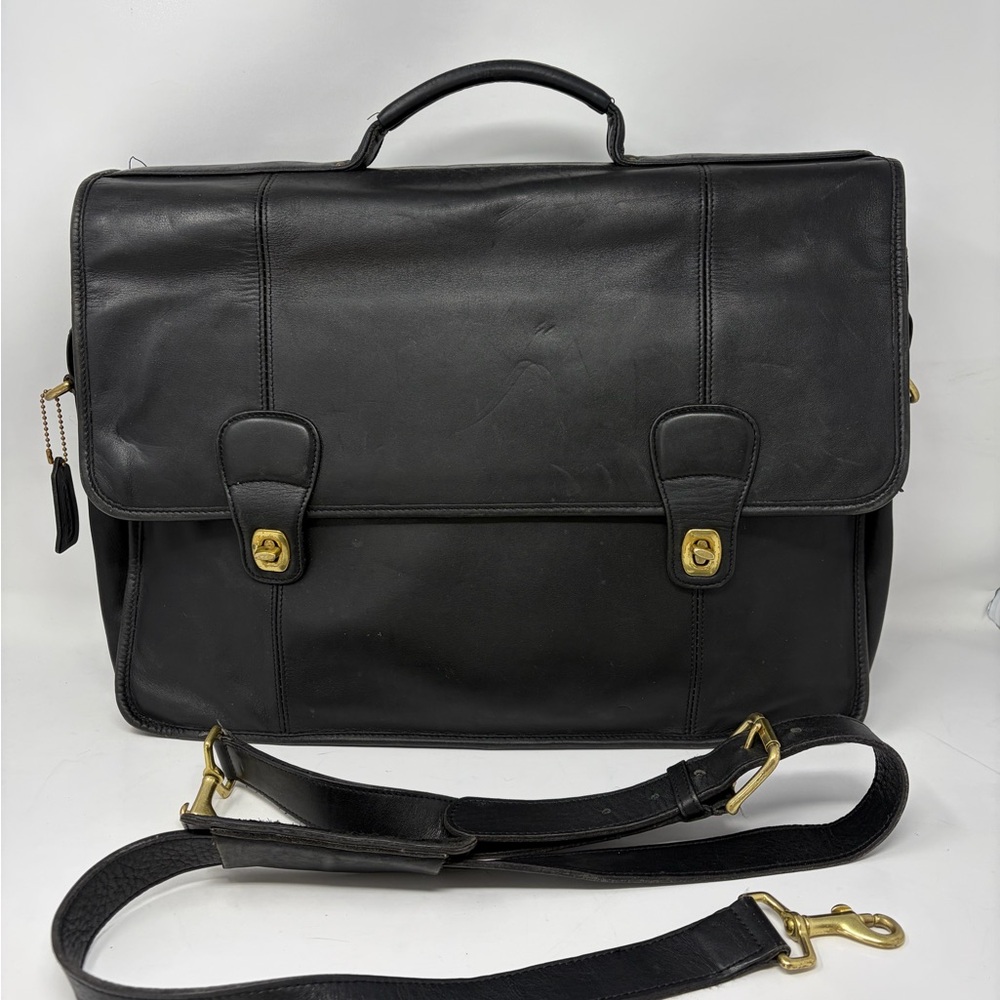 Vintage Coach Black Leather Briefcase Brass Turn Lock Top Handle Strap 17x12x5”